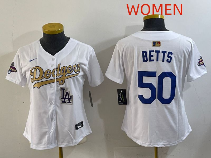 Women Los Angeles Dodgers #50 Betts White Champion edition Nike MLB Jersey style 006->women mlb jersey->Women Jersey